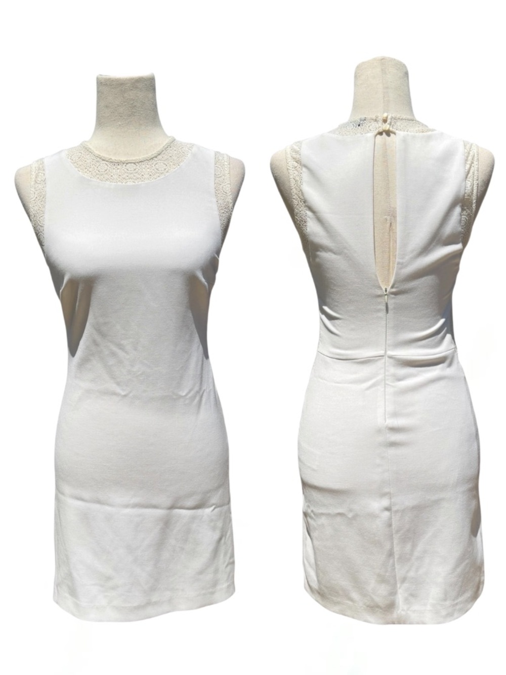 Zara Trafaluc Sleeveless White Ivory Crochet Lace Trim open back Sheath Dress XS